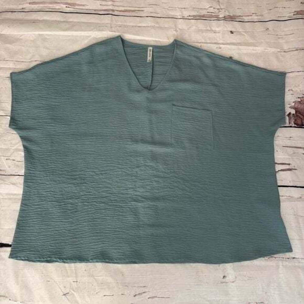 Zenana Textured Oversized V-Neck Top – Seafoam Blue – Size L